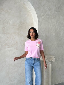D 2922 ÇİÇEK DETAYLI TİŞÖRT - PEMBE #2