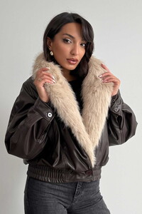 Topshow Yakası Kürklü Kruvaze Deri Mont - Kahve | F2050