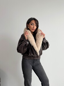 Topshow Yakası Kürklü Kruvaze Deri Mont - Kahve | F2050 #2