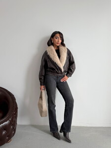 Topshow Yakası Kürklü Kruvaze Deri Mont - Kahve | F2050 #4