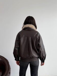 Topshow Yakası Kürklü Kruvaze Deri Mont - Kahve | F2050 #5