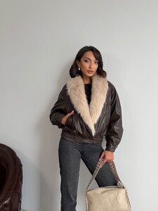 Topshow Yakası Kürklü Kruvaze Deri Mont - Kahve | F2050 #3