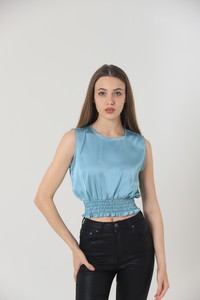 Topshow Buz Mavi Beli Gipeli Saten Toptan Bluz #3